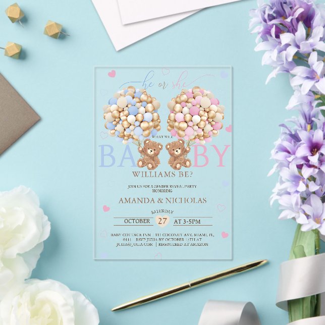 Teddy Bear Gender Reveal Acrylic Invitations (Insitu (Wedding))