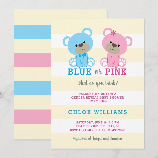 Teddy Bear Gender Reveal Baby Shower Invitation (Front/Back)