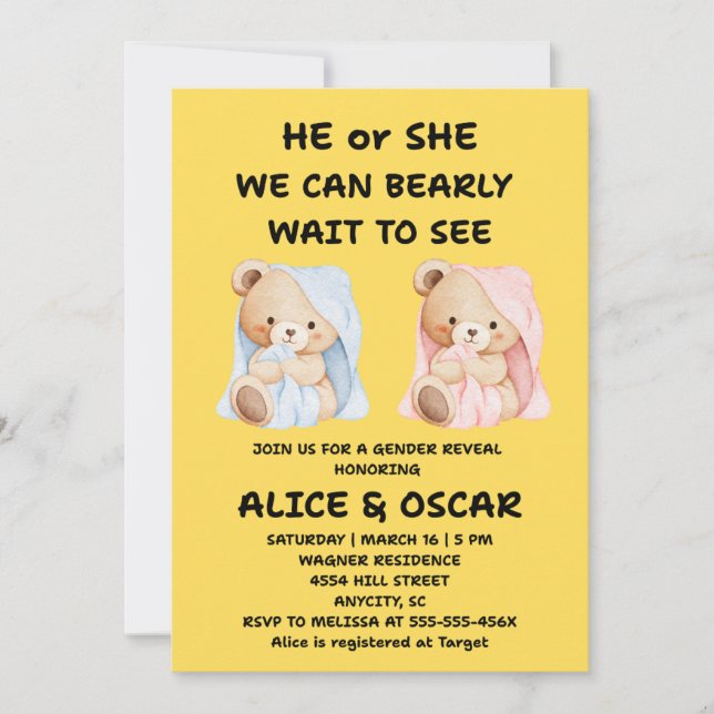 Teddy Bear Gender Reveal Invitation (Front)