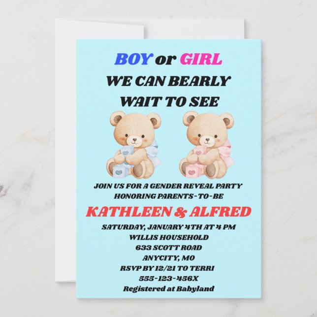 Teddy Bear Gender Reveal Invitation (Front)