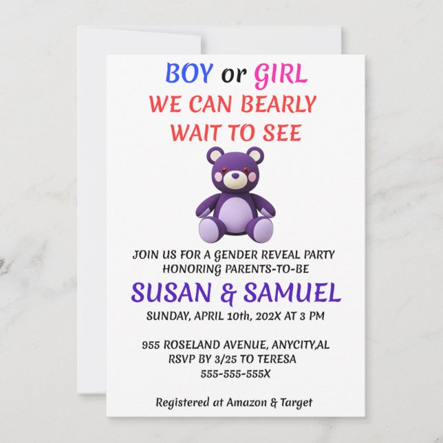 Teddy Bear Gender Reveal Invitation (Front)