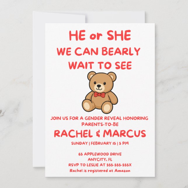 Teddy Bear Gender Reveal Invitation (Front)
