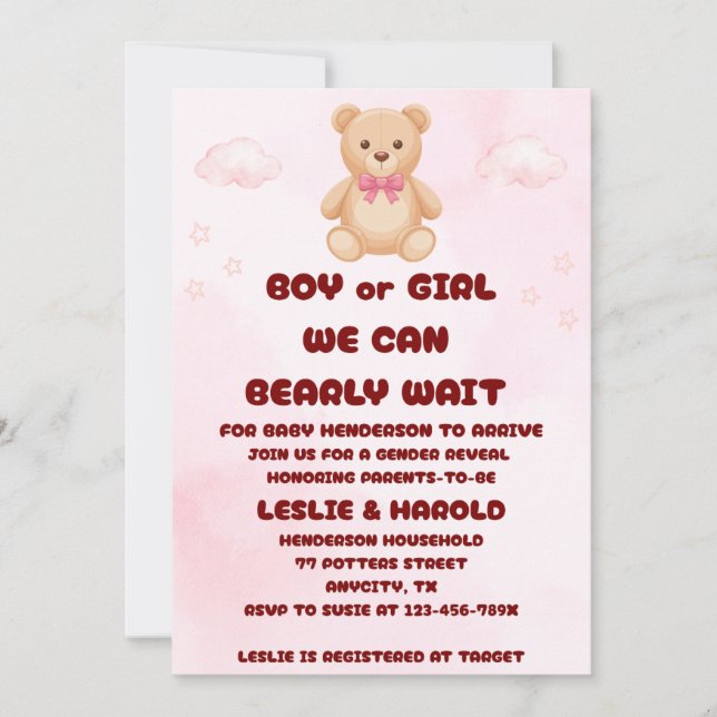 Teddy Bear Gender Reveal Invitation (Front)