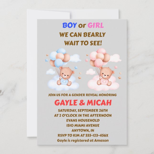 Teddy Bear Gender Reveal Invitation (Front)
