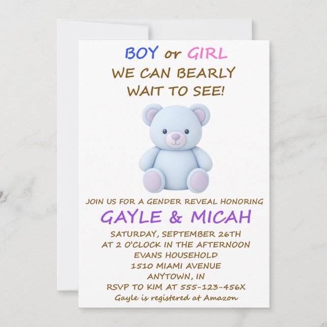 Teddy Bear Gender Reveal Invitation (Front)