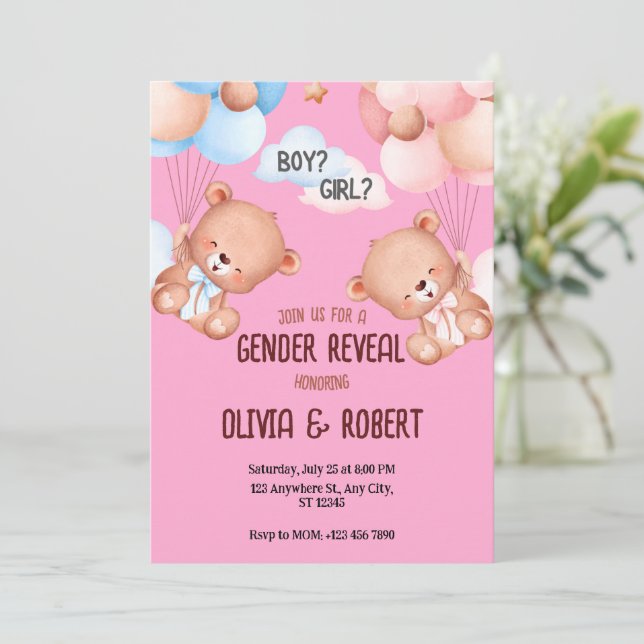  Teddy Bear Gender Reveal Invitation Balloons  (Standing Front)