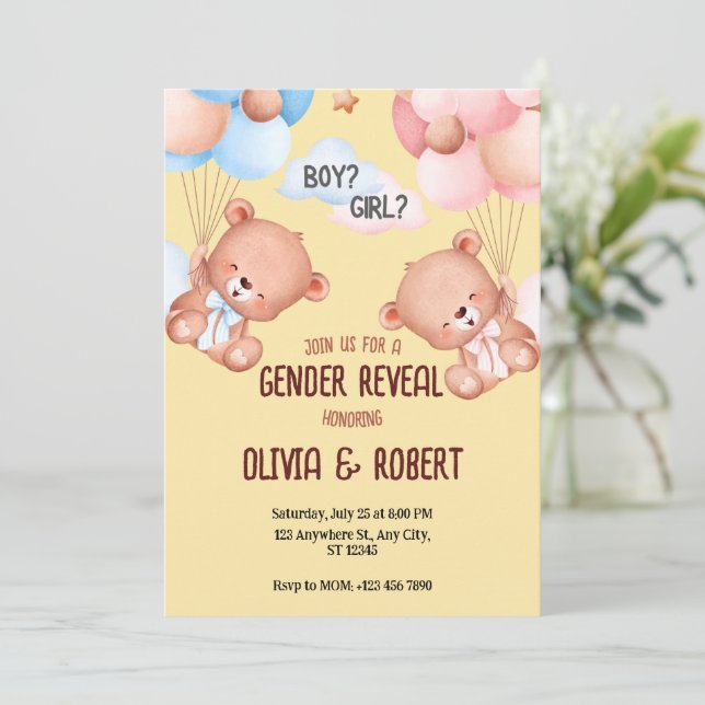  Teddy Bear Gender Reveal Invitation Balloons  (Standing Front)