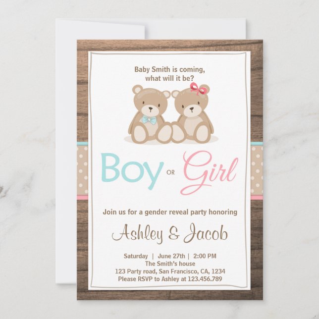 Teddy bear Gender reveal invitation Boy or Girl (Front)