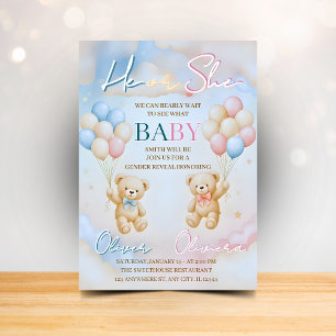 Teddy Bear Gender Reveal Invitation He or She