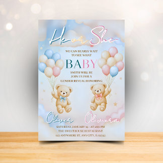 Teddy Bear Gender Reveal Invitation He or She