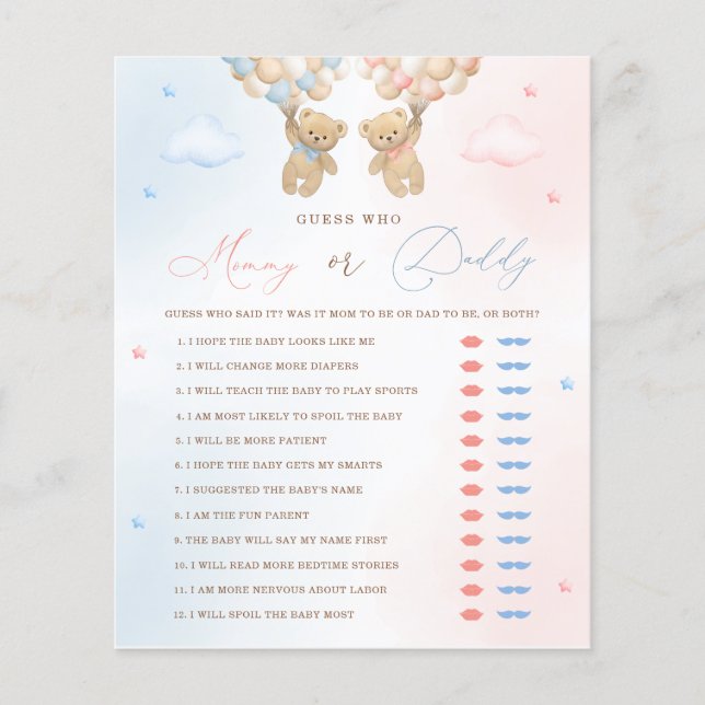 Teddy Bear Gender Reveal Mummy or Daddy Game (Front)