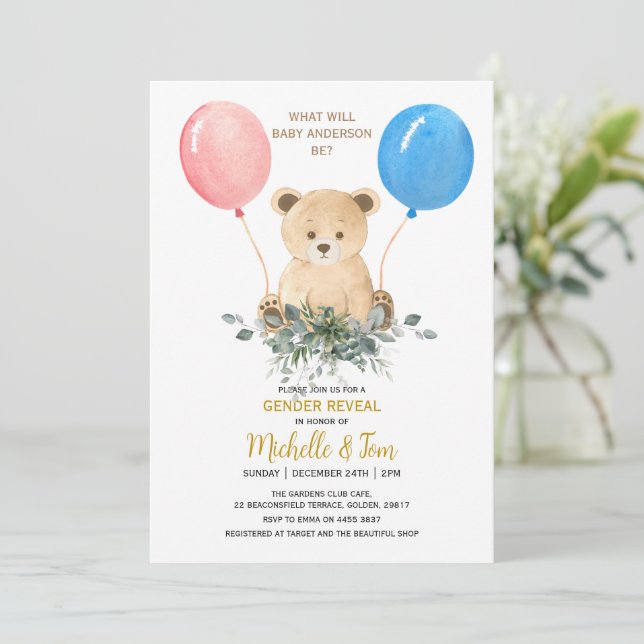 Teddy Bear Gender Reveal Party Invitation (Standing Front)