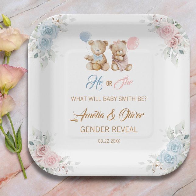 Teddy Bear Gender Reveal Pastel Florals Paper Plate (Creator Uploaded)