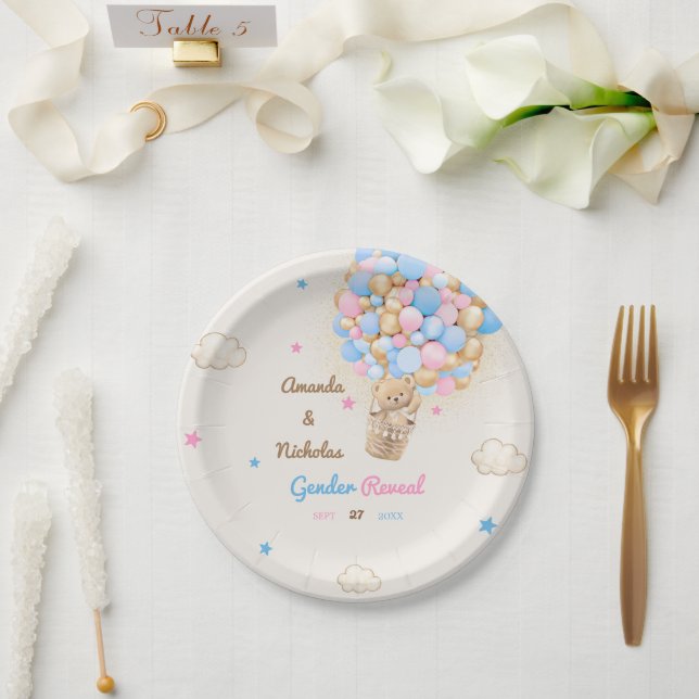 Teddy Bear Gender Reveal Pink Blue Paper Plate (Wedding)