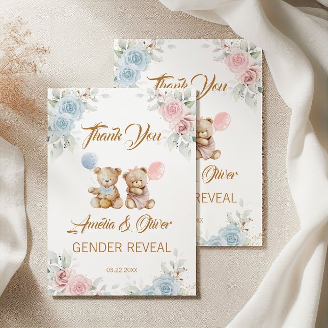 Teddy Bear Gender Reveal Thank You Pastel Florals Card (Creator Uploaded)