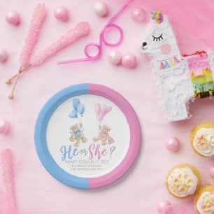 Teddy bear gender reveal watercolor art party paper plate