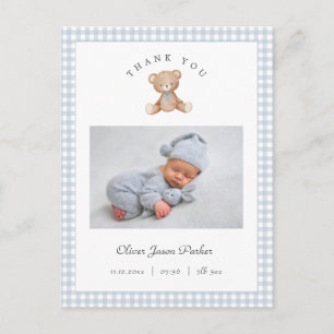 Teddy Bear Gingham Baby Boy Birth Announcement Postcard