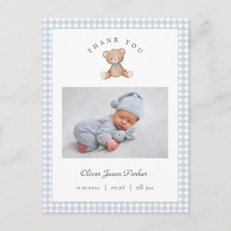 Teddy Bear Gingham Baby Boy Birth Announcement Postcard