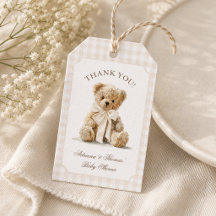 Teddy Bear Gingham Beige Baby Shower Thank You