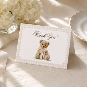 Teddy Bear Gingham Ivory Beige Baby Shower Thank You Card