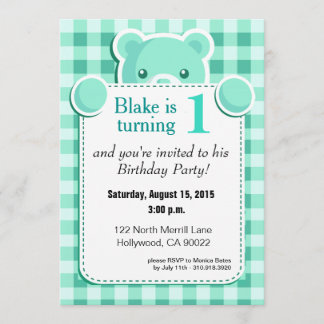 Teddy Bear Gingham Plaid Birthday | mint green Invitation