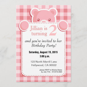 Teddy Bear Gingham Plaid Birthday   pink Invitation