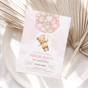 Teddy Bear Girl 1st Beary First Birthday Invitation