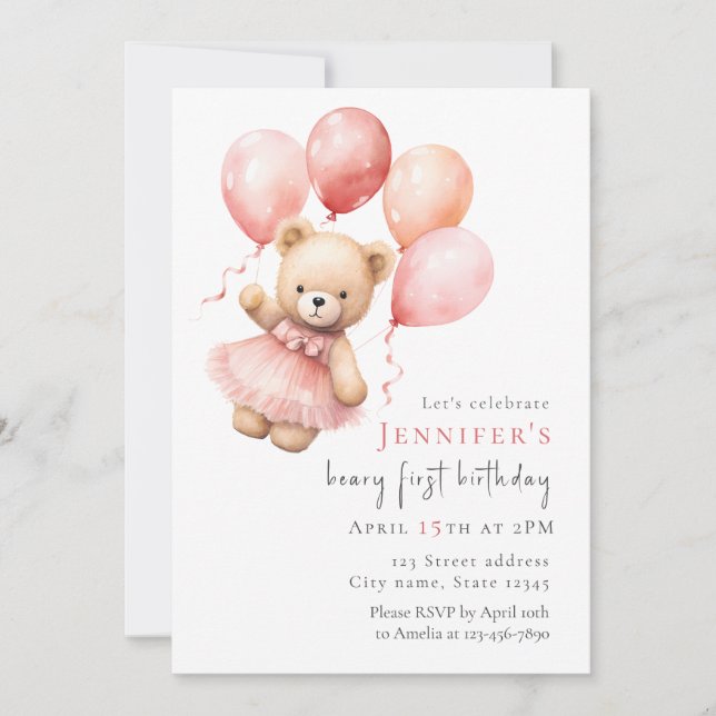 Teddy Bear Girl 1st Birthday Invitation (Front)