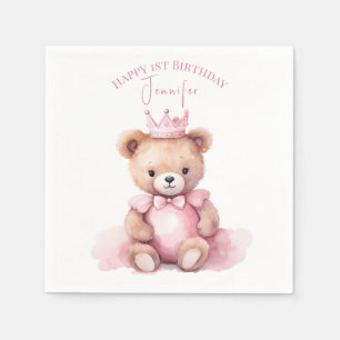 Teddy Bear Girl 1st Birthday Napkins Beary First