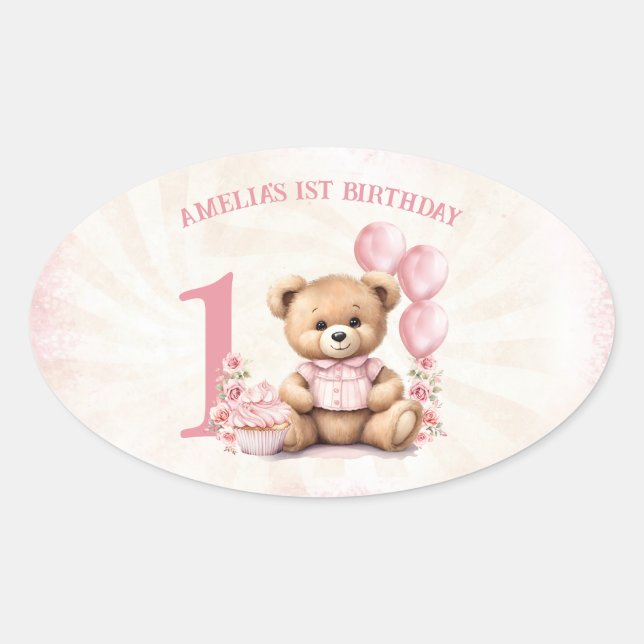 Teddy Bear Girl 1st Birthday Pink Oval Sticker (Front)