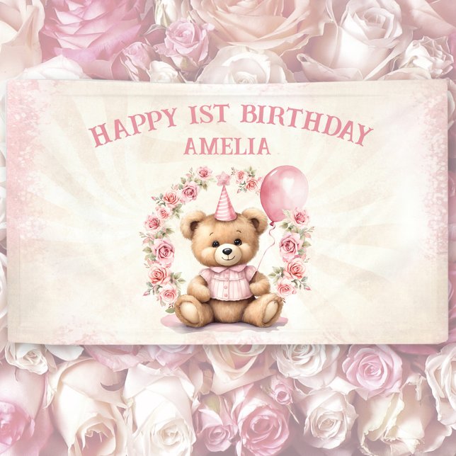 Teddy Bear Girl 1st Birthday Pink Roses Banner (Teddy Bear Girl 1st Birthday Pink Roses Banner)