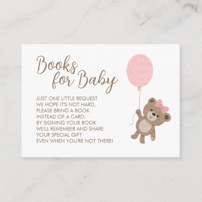 Teddy Bear Girl Baby Pink Balloon Books Request Enclosure Card (Front)