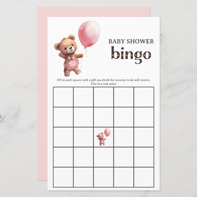 Teddy Bear Girl Baby Shower Bingo Game (Front/Back)