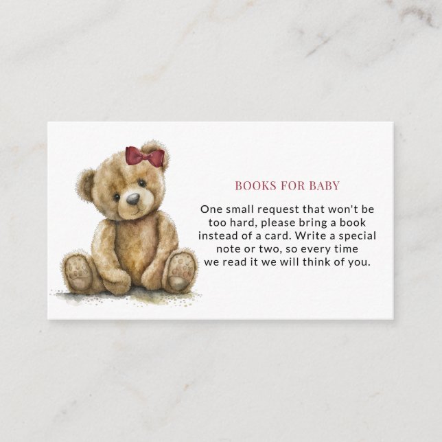 Teddy Bear Girl Baby Shower Books For Baby Enclosure Card (Front)