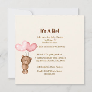 Teddy Bear Girl Baby Shower Card invitation