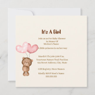 Teddy Bear Girl Baby Shower Card invitation
