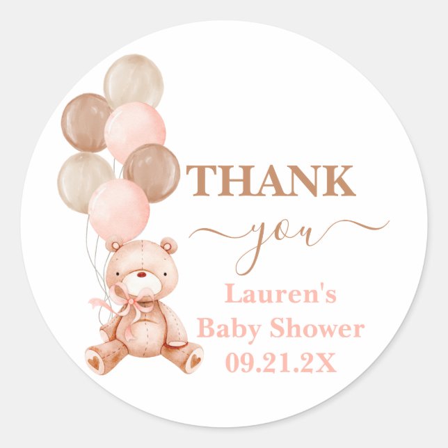 Teddy Bear girl Baby Shower  Classic Round Sticker (Front)
