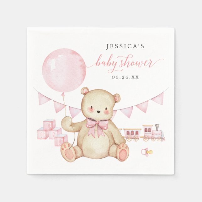 Teddy Bear Girl Baby Shower Cocktail Napkin (Front)
