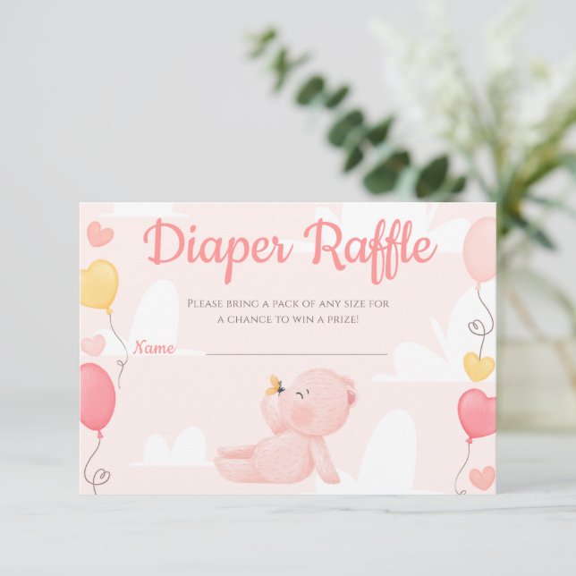 Teddy Bear Girl Baby Shower Diaper Raffle Card (Standing Front)