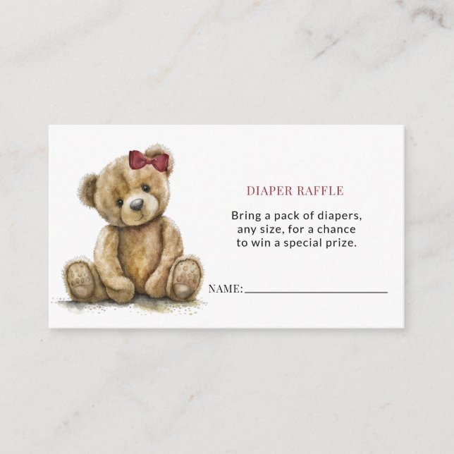 Teddy Bear Girl Baby Shower Diaper Raffle Enclosure Card (Front)