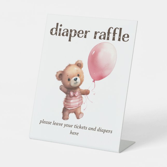 Teddy Bear Girl Baby Shower Diaper Raffle Pedestal Sign (Front)