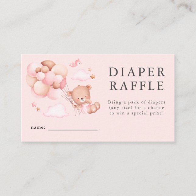 Teddy Bear Girl Baby Shower Diaper Raffle Ticket  Enclosure Card (Front)