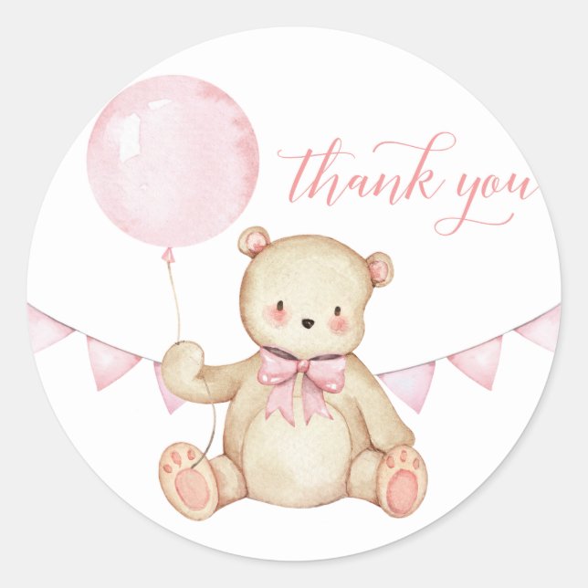 Teddy Bear Girl Baby Shower Favour Sticker (Front)