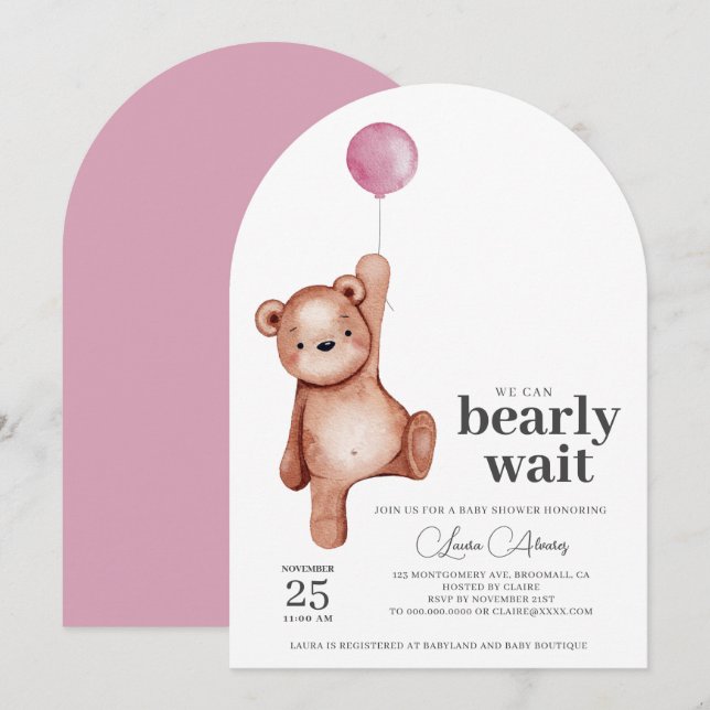 Teddy Bear Girl Baby Shower Invitation (Front/Back)