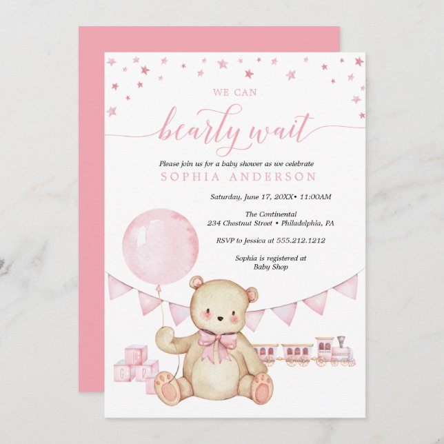 Teddy Bear Girl Baby Shower Invitation (Front/Back)