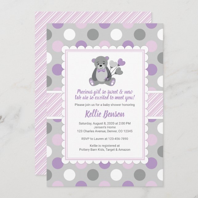 Teddy bear girl baby shower invitation purple grey (Front/Back)