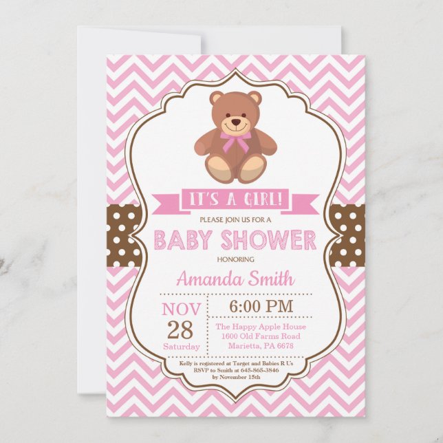 Teddy Bear Girl Baby Shower Pink Chevron Invitation (Front)