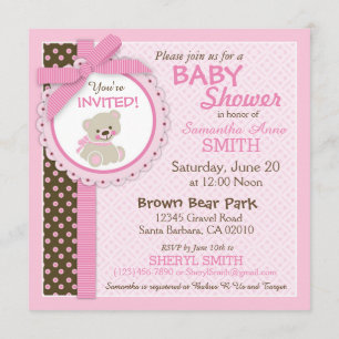 Teddy Bear Girl Baby Shower Pink Invitation