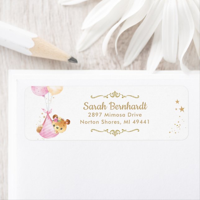 Teddy Bear Girl Baby Shower Return Address Label (Insitu)