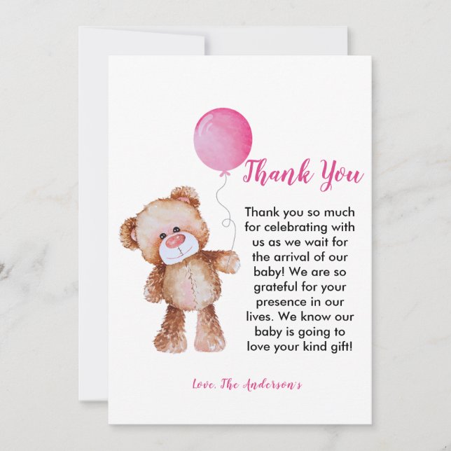 Teddy Bear girl Baby Shower Thank You Card (Front)